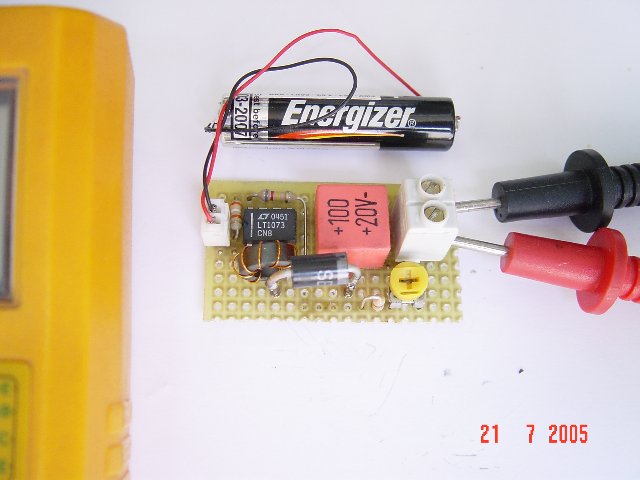 Small 1.5V to 5V or 12V DC/DC converter with LT1073 chip. The IC is available in three different versions, depending on output voltage.